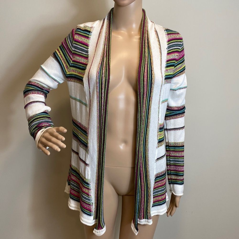 Billa Bong cotton blend colorful striped open front cardigan, size M.